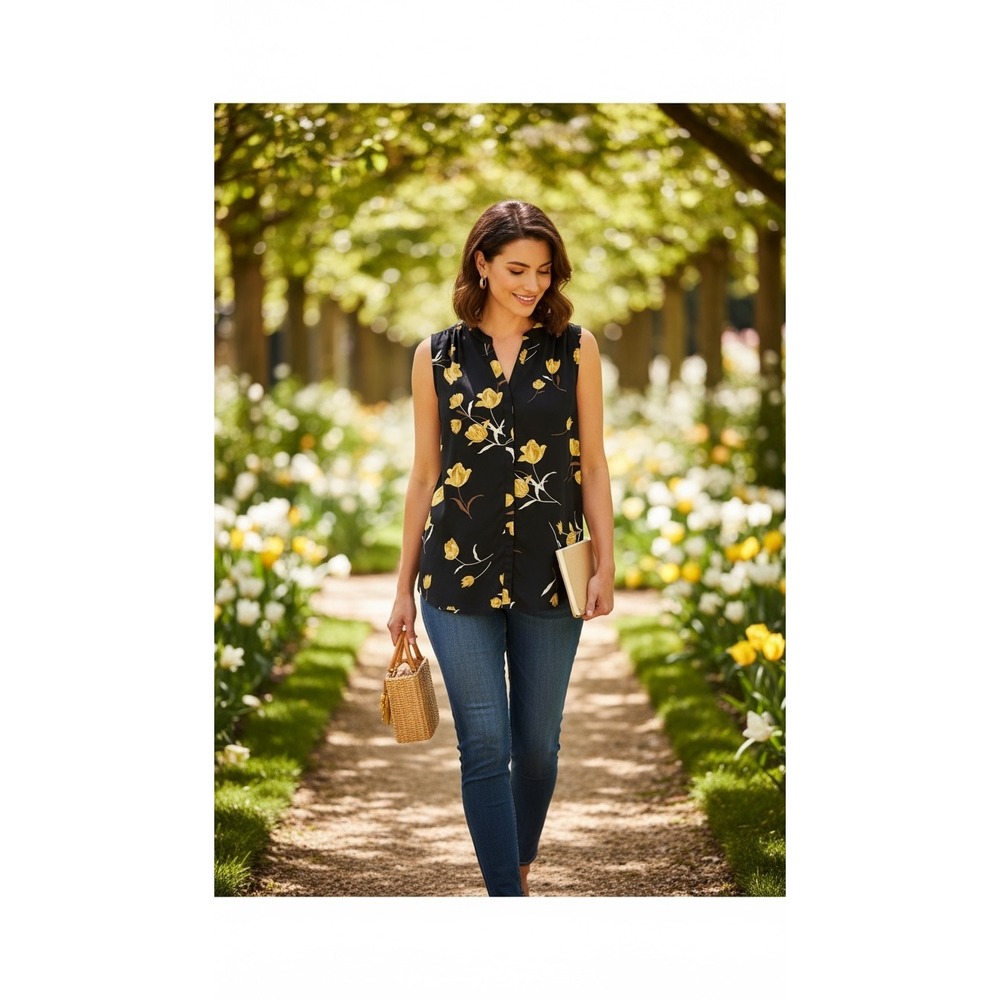 Chelsea‎ & Theodore Womens Floral Sleeveless Blouse Yellow Tulip Pintuck Top L/G